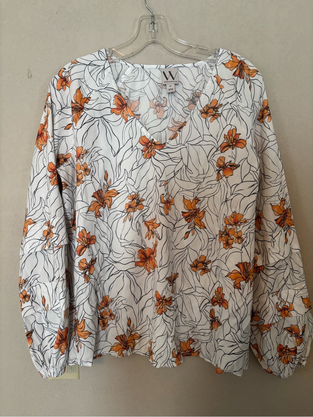 Worthington White Floral V-Neck Long Sleeve Blouse with Orange Flowers